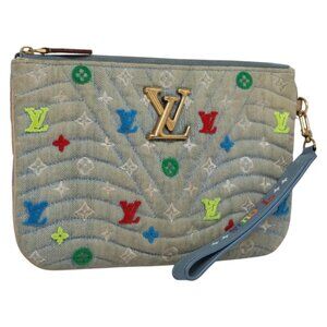 LOUIS VUITTON Monogram Denim New Wave Pochette Zip Bag Blue M67538 Auth 110431